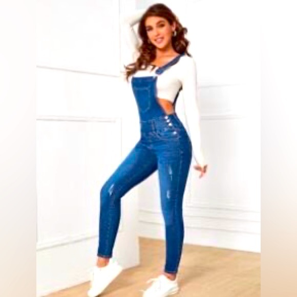 SHEIN Denim - SHEIN Blue Skinny Overalls